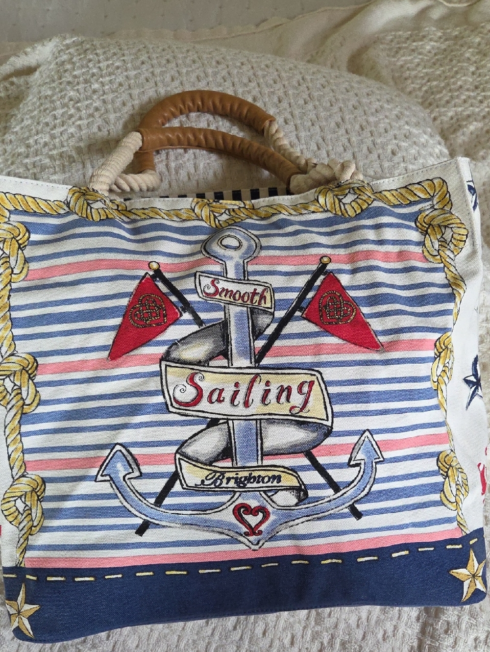 Brighton Nautical Tote in Blue, White & Red with Gold Rope Trim